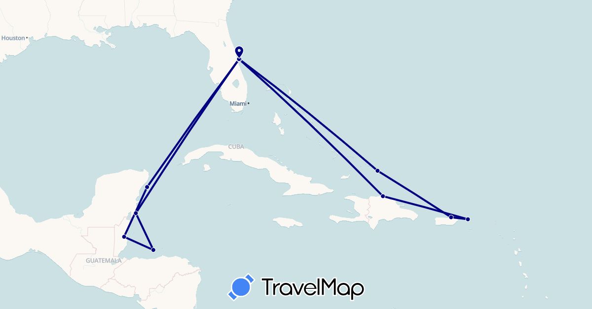 TravelMap itinerary: driving in Belize, Dominican Republic, Honduras, Mexico, Puerto Rico, Turks and Caicos Islands, United States, U.S. Virgin Islands (North America)